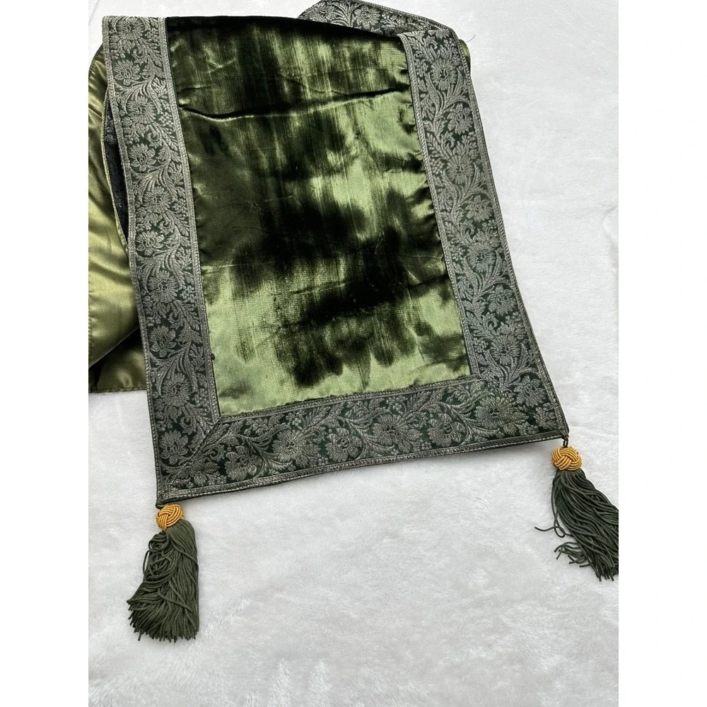 Olive‎ Green Velvet Table Runner Floral Brocade Border Tassels 72x13